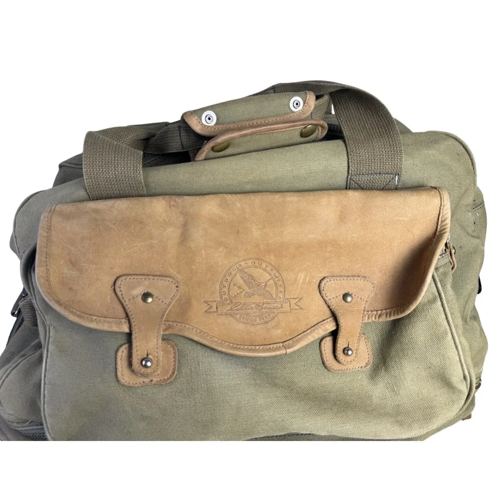 Vintage Eddie Bauer Army Green Safari Canvas Leather Duffle Shoulder Utility Bag